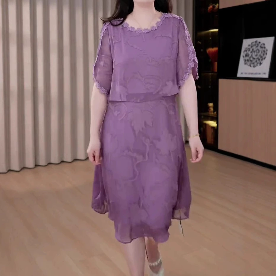 2025 легкое роскошное высококачественное шифоновое платье во французском стиле с кружевной отделкой, свободное платье больших размеров для пышных женщин 120kg