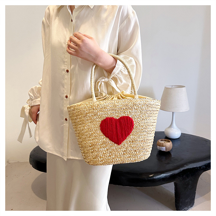 1104g Weight Polyester Lining Material Open Closure Type Single Shoulder Strap Strap Type Women's Medium Straw Heart Shape Streetwear Bucket Open Bucket Bag