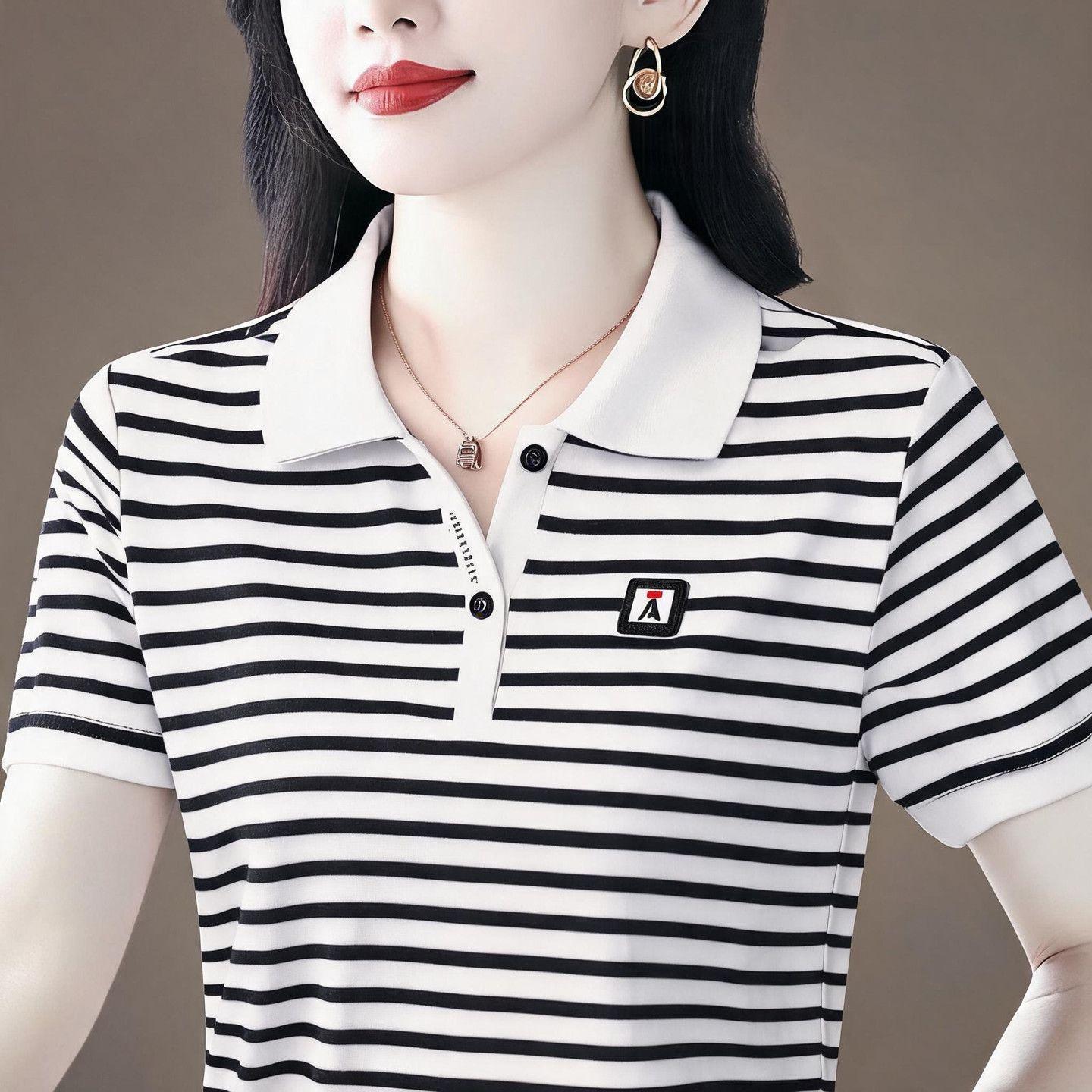 Middle-aged women's striped collared top, new summer style for mothers, 2026, slimming short-sleeved polo shirt.