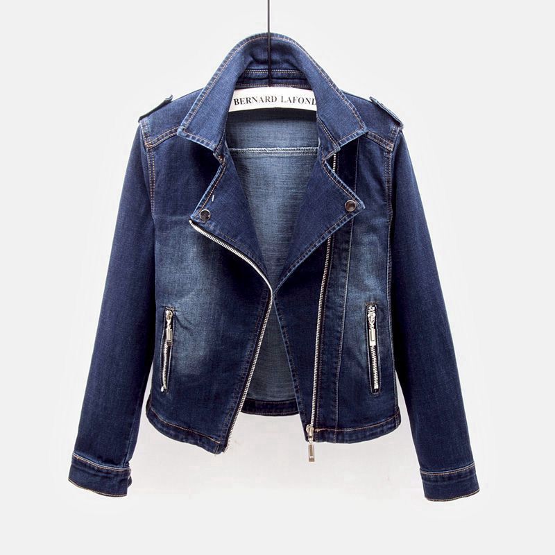 Stretch Denim coat women's short spring and autumn new suit collar motorcycle jacket slimming versatile top cardigan fashion