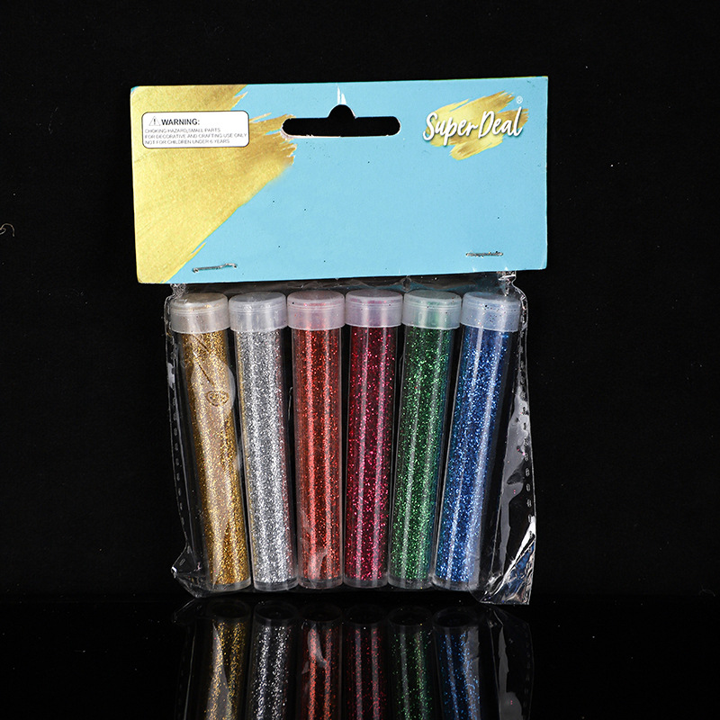 6-color 7g bottle of glitter powder, sequins, and shimmering flakes for DIY gold powder DIY crafts. Slim tube packaging for iridescent handmade crafts.
