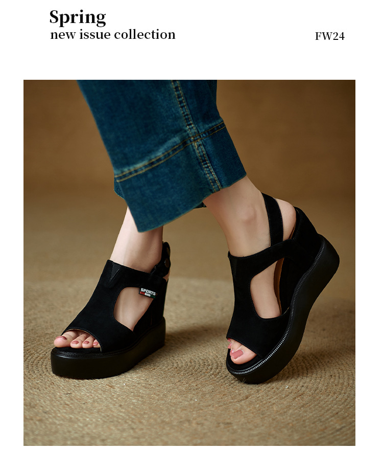 Sandal cao gót nữ hở mũi đế xuồng tăng chiều cao, phong cách La Mã, gót 9 cm — màu đen, xanh lá cây chi tiết 15
