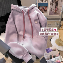 小熊刺绣美式复古紫色连帽卫衣女秋冬加绒加厚设计感小众上衣外套