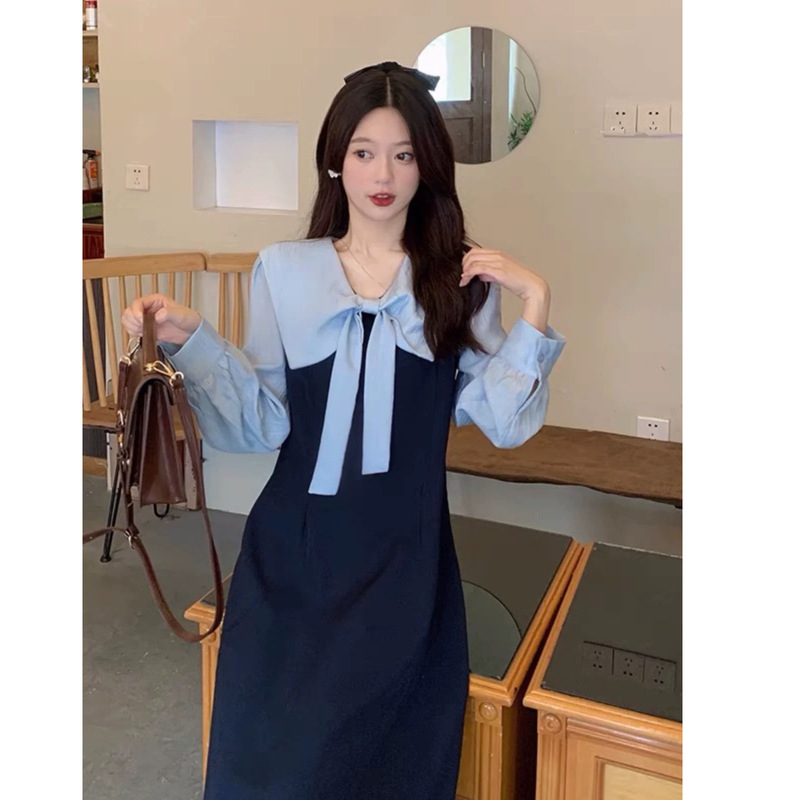 赫本风翻领设计感蝴蝶结长袖连衣裙女早秋新款气质显瘦撞色长裙潮|undefined