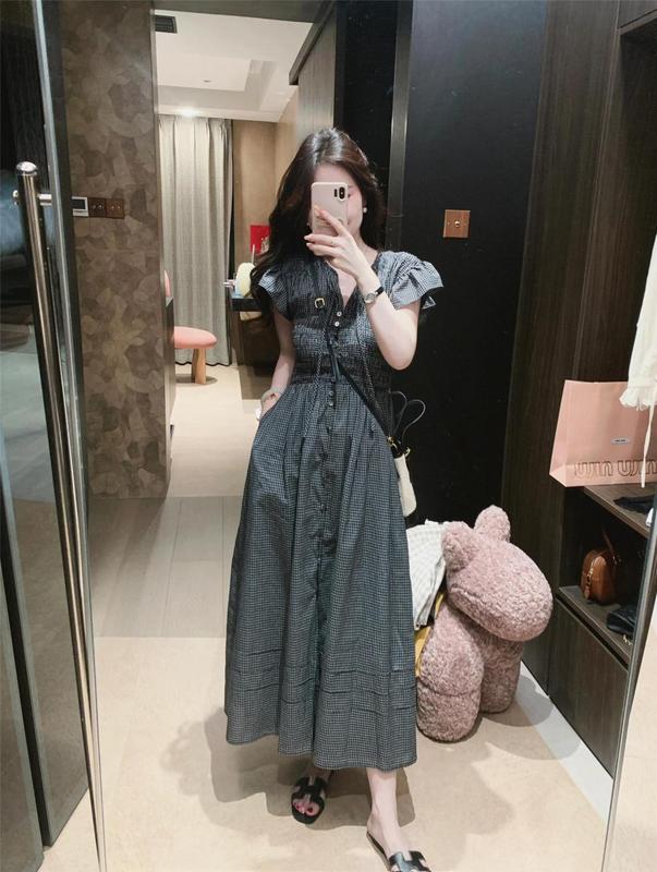 连衣裙女2025夏季新款高级感设计气质复古格子修身收腰短袖长裙子|undefined
