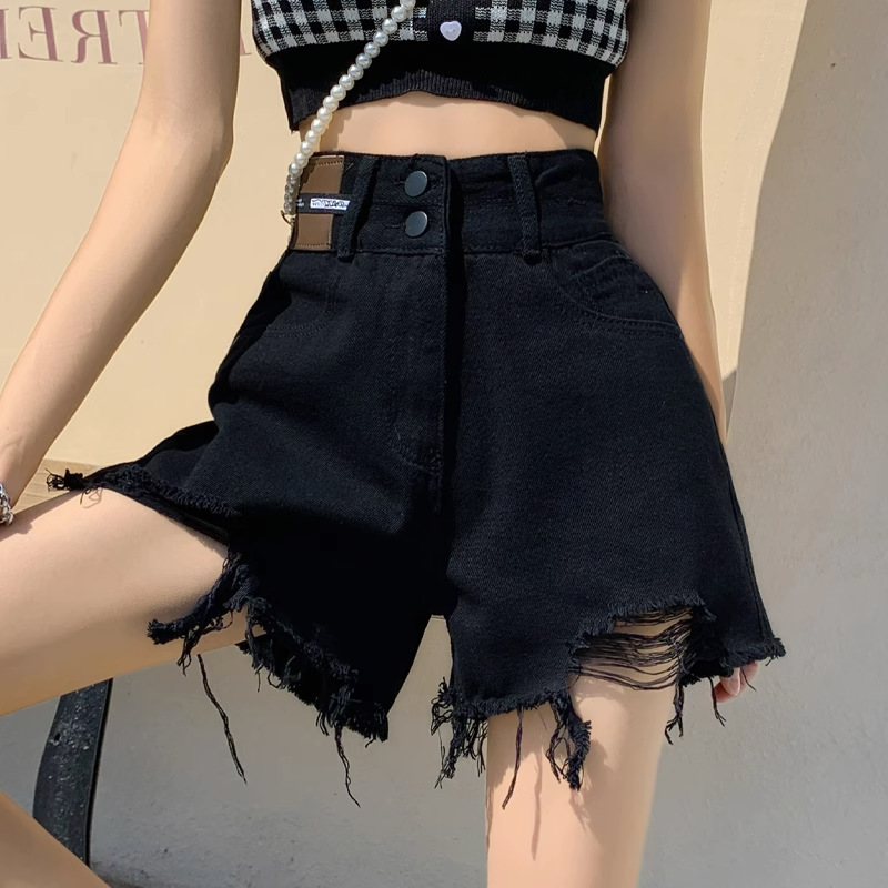 Black Hole Denim Shorts Women's Summer 2025 New Ins Fashionable plus size Hot Pants High Waist A- Shown Wide Leg Pants