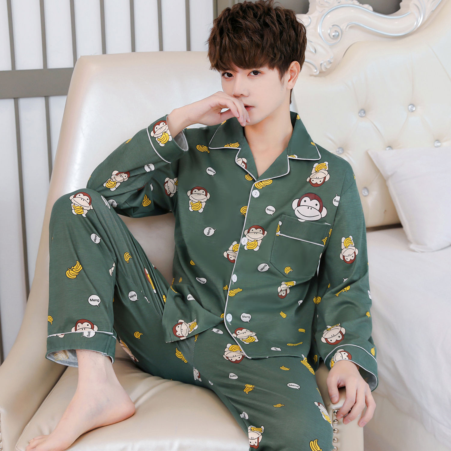 Pijamas de hombre Pijamas de primavera y otoño pantalones de algodón de manga larga de los hombres cardigan verde de mediana edad ropa de hogar traje de invierno para los ancianos