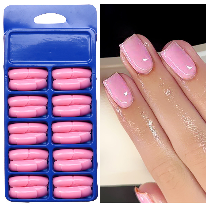 120 piezas de uñas falsas de color sólido desnudas cuadradas cortas desmontables de uñas en una caja azul