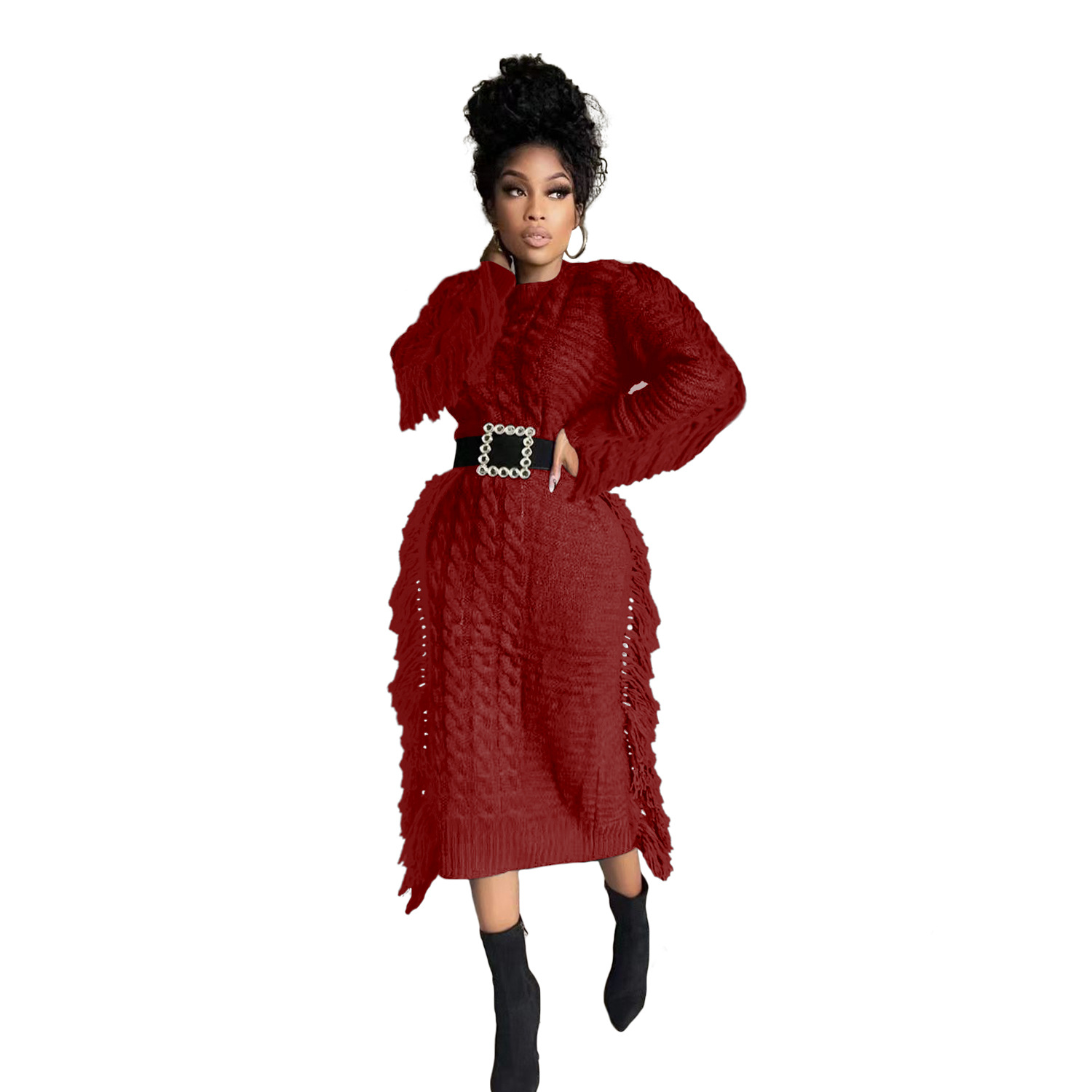 Robe pull femme avec franges longues en maille pour l'hiver_voghion.com
