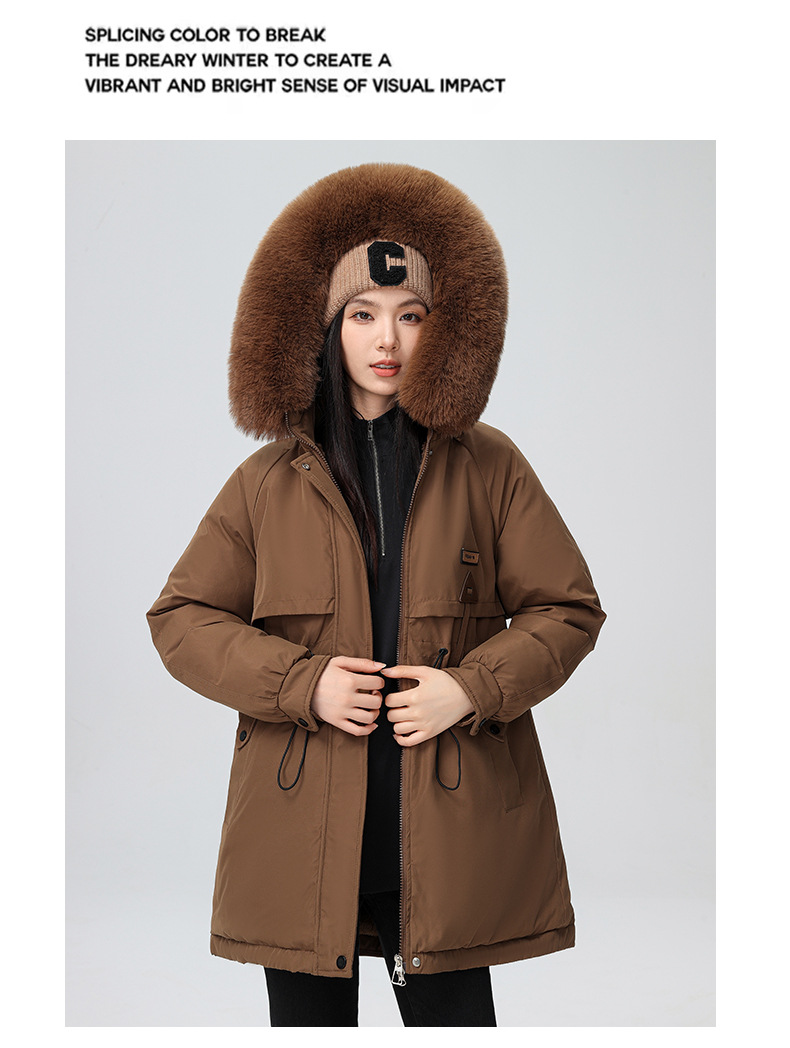 2024 foreign trade overcomes women's winter new Korean version waist cinching slimming hooded big fur collar cotton_voghion.com