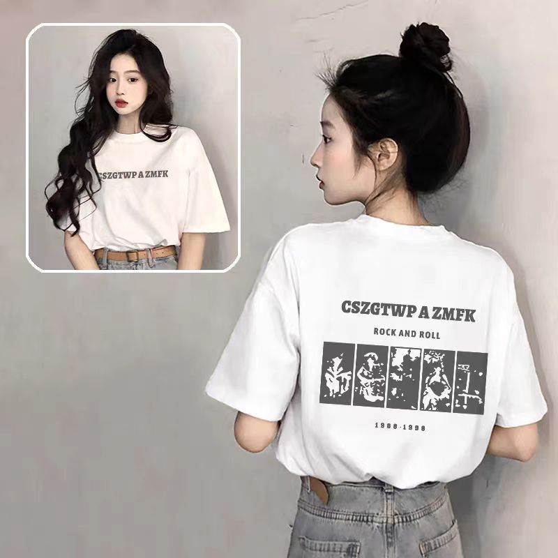 ピュアコットンブラックラウンドネック半袖レディースTシャツ2025新しいホットスタイル夏ルーズアメリカンプリントトップTシャツトレンディ