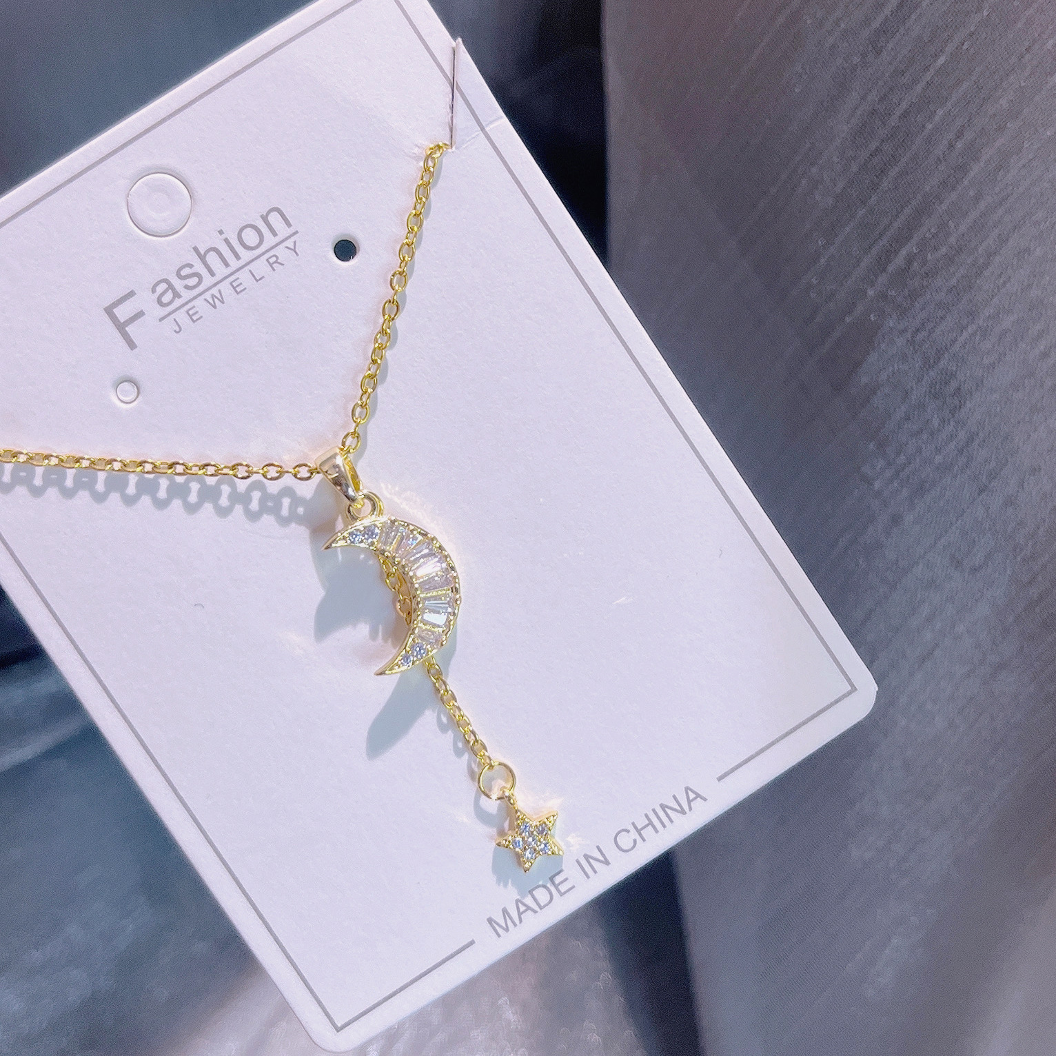 Daily Occasion Titanium Steel Material Star, Moon Pattern Women'S Gender Plating, Inlay Design Elegant Star Moon Titanium Steel Plating Inlay Zircon 18k Gold Plated Necklace