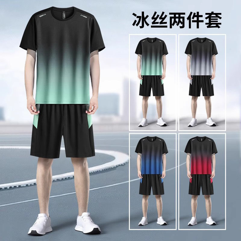 Trajes deportivos para hombres hielo veloz ropa seca camiseta de fitness correr mangas cortas pantalones cortos trajes de entrenamiento fábrica transfronteriza al por mayor