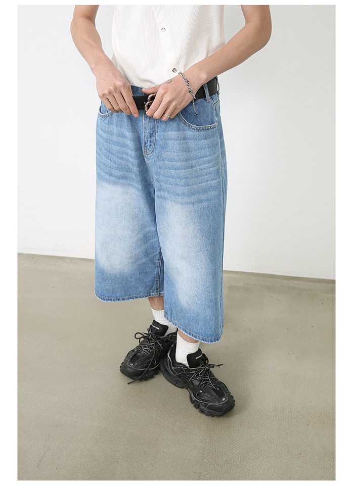 Quần short jean nữ ống rộng lửng cá tính phong cách đường phố — Làm cũ, Màu trắng, Rằn ri, Xanh lam cổ điển chi tiết 14