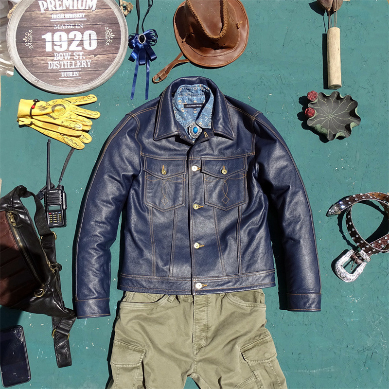 The first layer of cowhide storm knight short leather jacket leather jacket men hit line Denim jacket factory direct sale