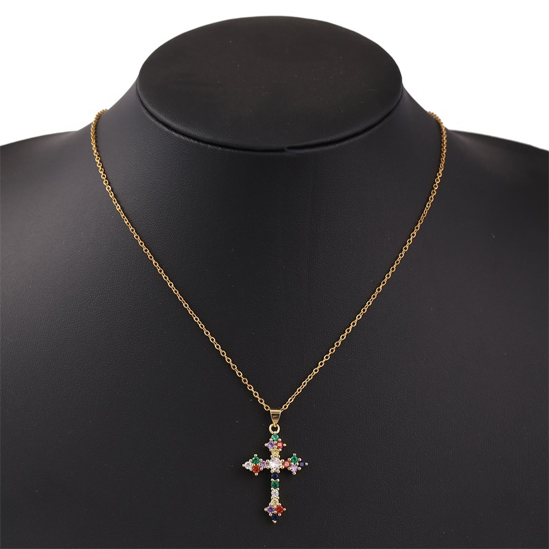 Colorful Cross Copper Inlaid Zirconium Necklace display picture 3