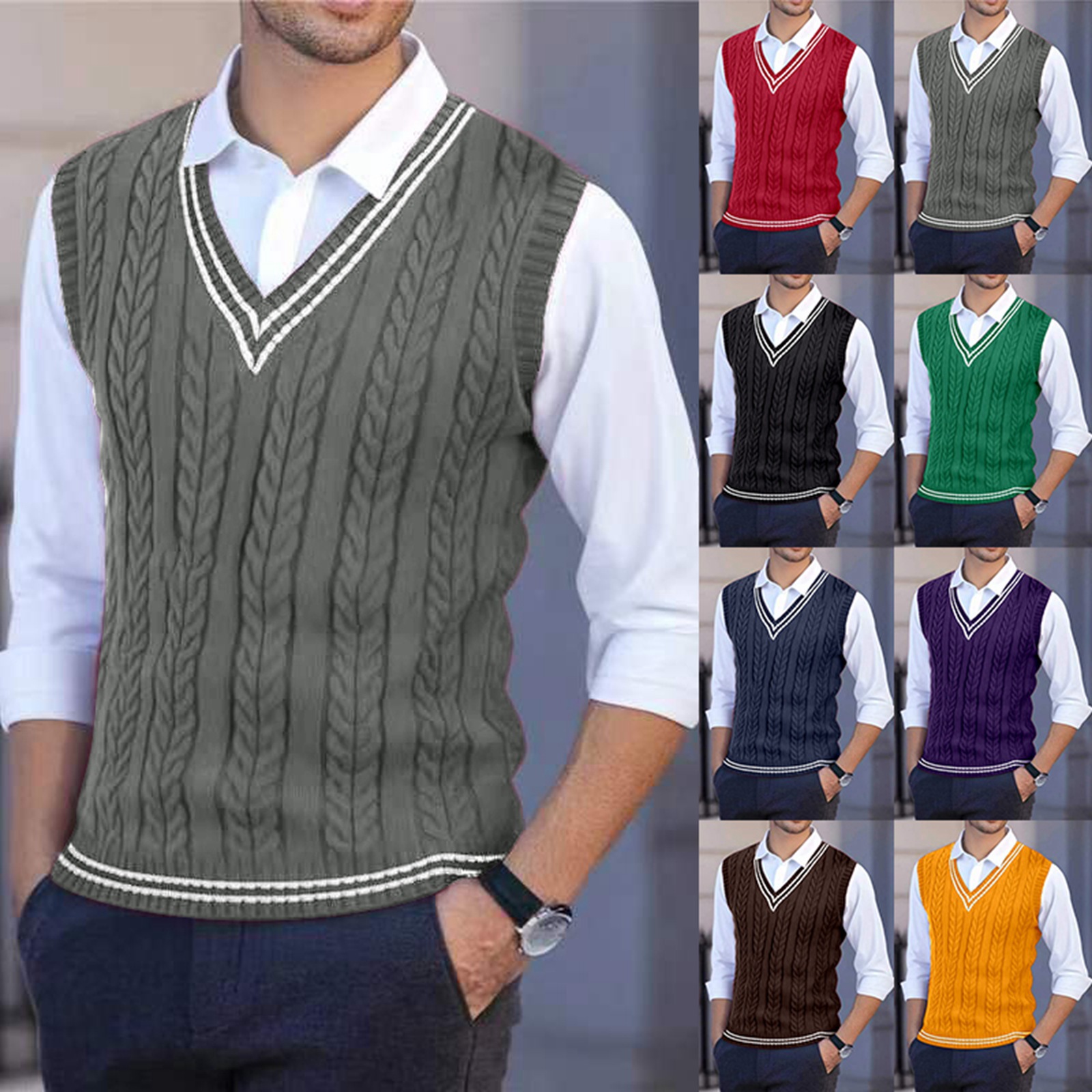 European and American Cross-Border 2025 New Men's Knitwear V Neck Cable Uniform Vest School Uniform Knitwear Vest Knitwear