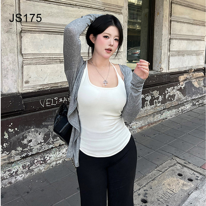 大码胖mm休闲套装简约长袖开衫吊带背心女夏季微喇叭直筒裤三件套|undefined
