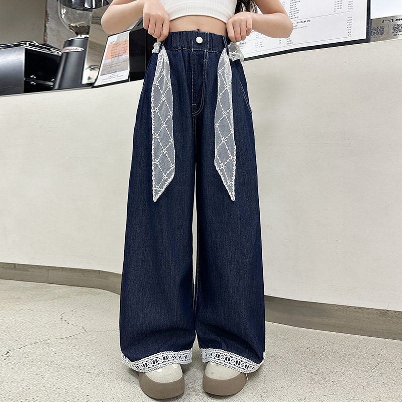 Girls' Tencel Jeans Summer Thin 2025 New Arrival Summer Big Children's Street-Fried Pure Color Lace Trendy Children's Pants