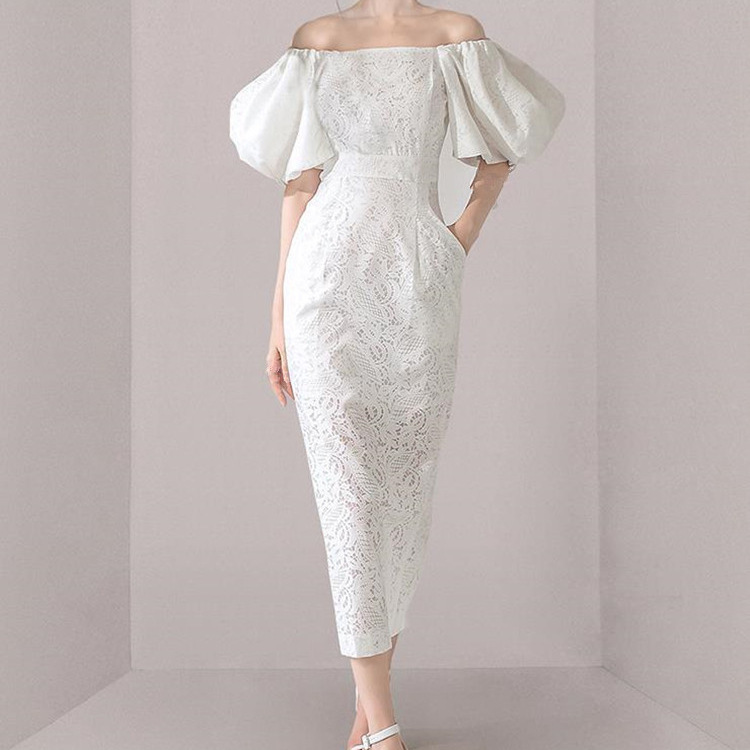 Off-Shoulder Lantern Sleeve Evening Dress for Women 2026 Summer Elegant Waist-Cinching White Lace Bodycon Dress with Slit