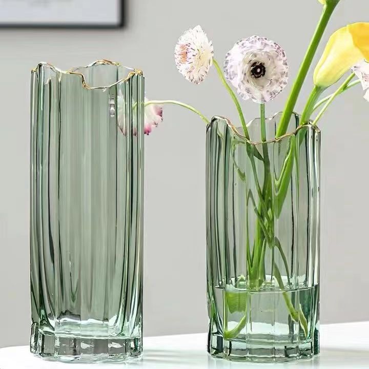 欧式花瓶摆件 竖条波浪玻璃不规则描金边创意简约网红玻璃花瓶