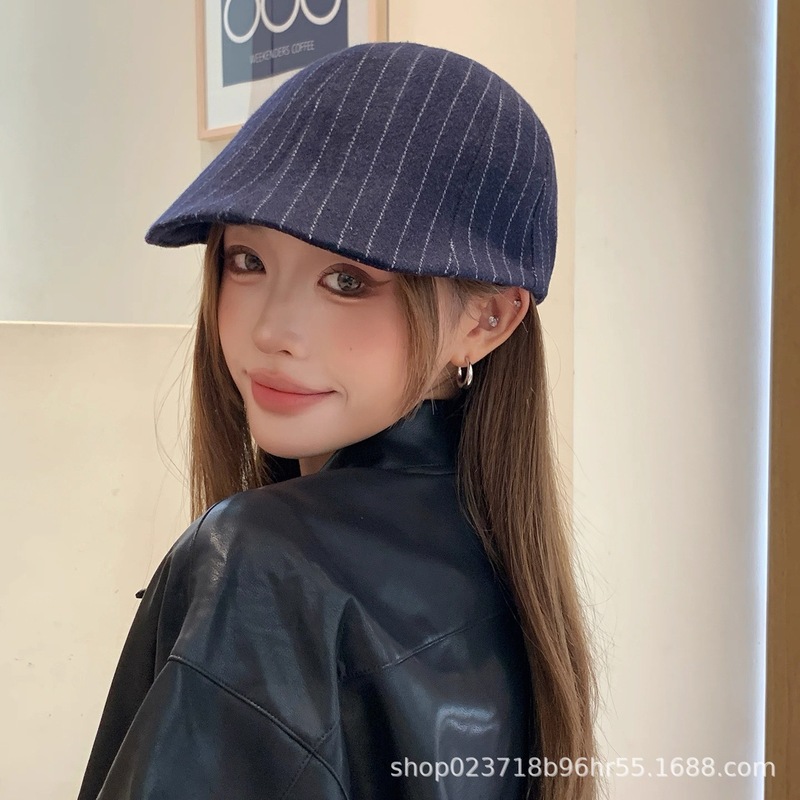 帽子女秋冬前进帽2025新款复古英伦条纹显脸小贝雷外贸跨境亚马逊|undefined