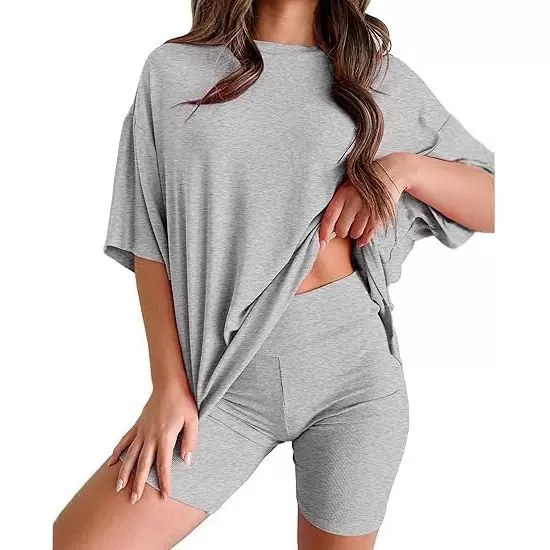 欧美跨境亚马逊女装新款宽松时尚纯色休闲短袖短裤两件套装新款