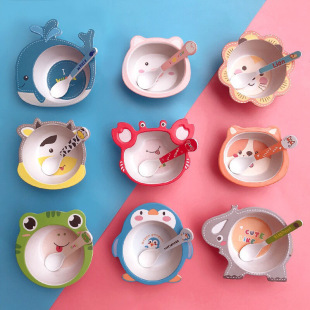 Bamboo Fiber Tableware Cute Cartoon Children's Bowl and Spoon Set Household Baby's Dining Bowl Children's Food Bowl Soup Bowl