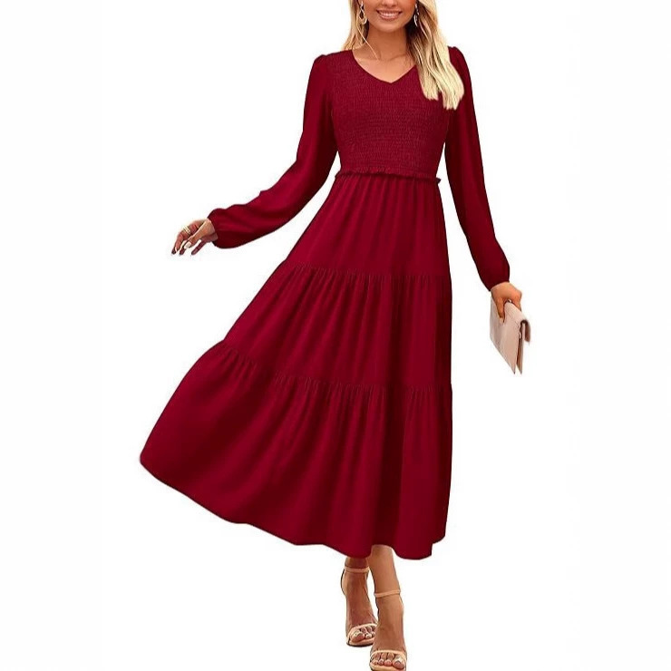 Women's Casual Pleated Mid-length dress 2024 Autumn Long Sleeve V-neck Laminated A- line Long Gone with the Wind