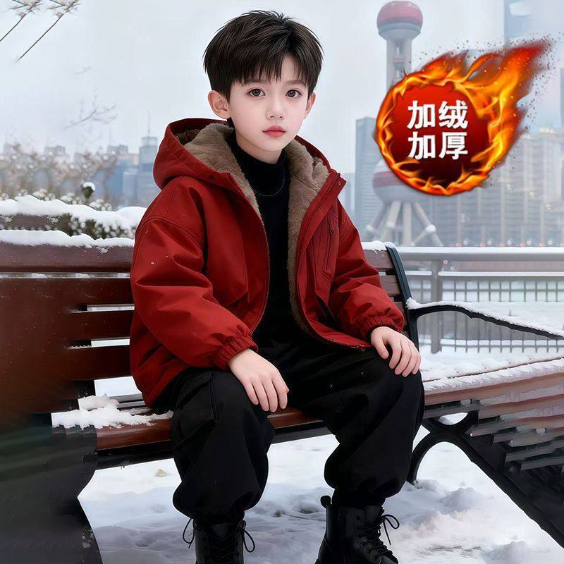 Boys' Warm, Thickened, Cotton-lined Windproof Jacket, 2026 New Winter Style, Stylish Hooded Windproof Outerwear