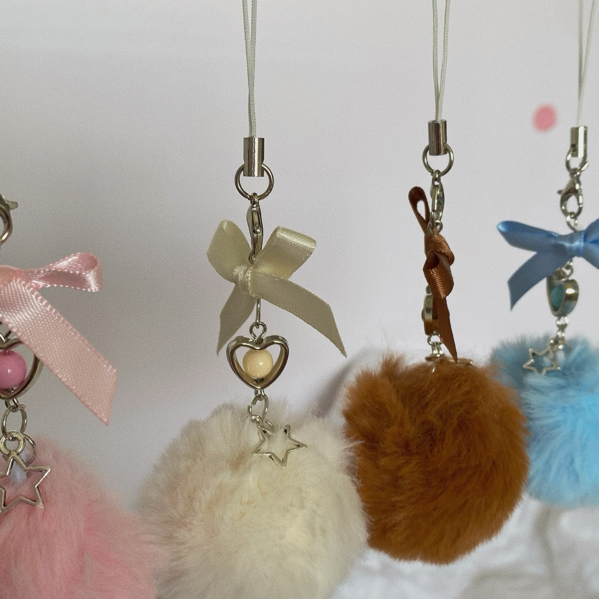30g Weight Mobile Phone Chain, Keychain Classification 1 Piece Quantity Holiday, Daily Occasion Seto fur Material Bow Knot Pattern Pom Poms Design Cute Style 1 Piece Cute Bow Knot Seto Fur Pom Poms Mobile Phone Chain Keychain 6