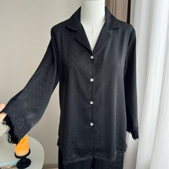 春秋季新款后背蕾丝睡衣女法式爱心提花冰丝绸翻领休闲家居服套装