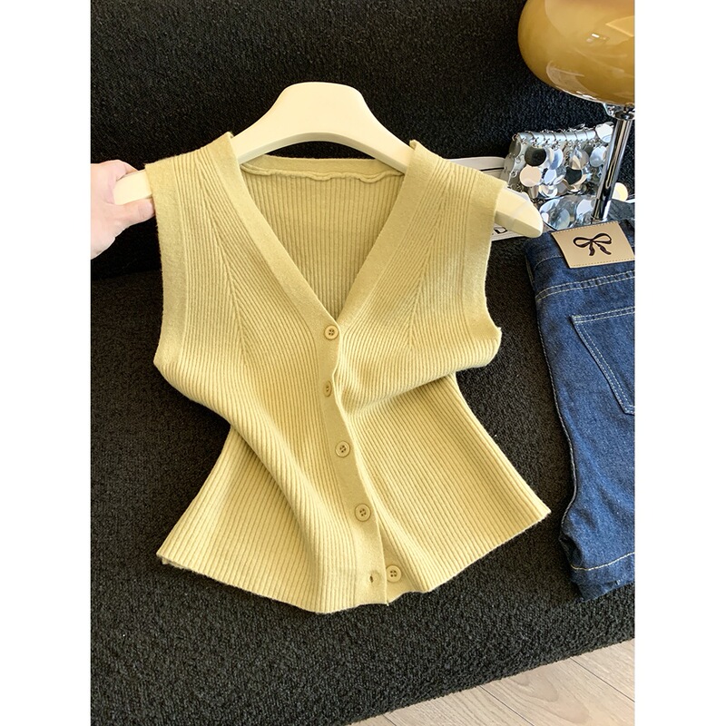 Solid Color Collar Design, Sleeveless Slimming Knit Top, New Spring Style Cardigan Vest for Women