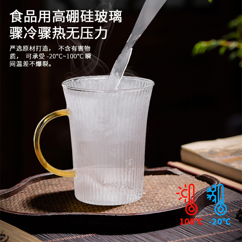 批發高硼硅玻璃杯子透明單層彩色把手杯子加厚豎條紋玻璃水杯家用