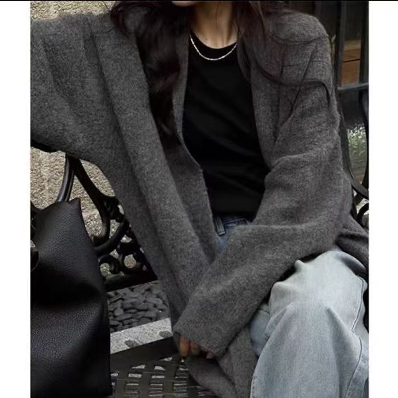 高级显瘦针织开衫毛衣女中长款秋冬纯色慵懒过膝宽松大衣大版外套|undefined