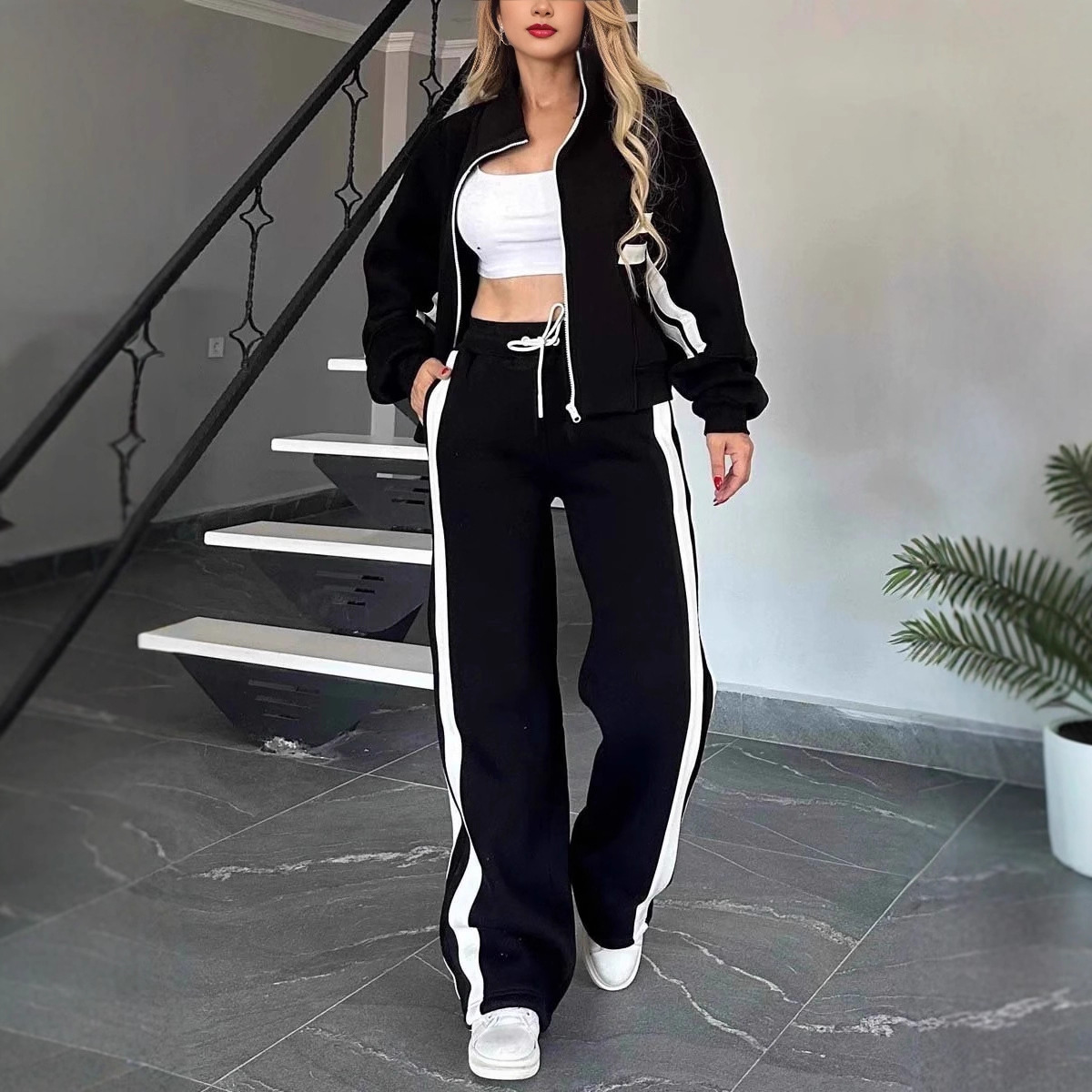 2025欧美跨境亚马逊夏秋款外贸女装条纹拉链上衣外套运动休闲套装