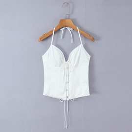 欧美风2025冬季新品博主系带龙骨对扣后背气眼挂脖缎面塑形小上衣