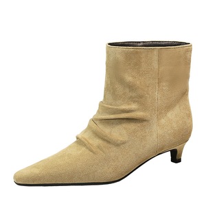 2887-1 Retro style slim heeled boots for children, versatile pleated pile boots, pointed suede short tube, fashionable t