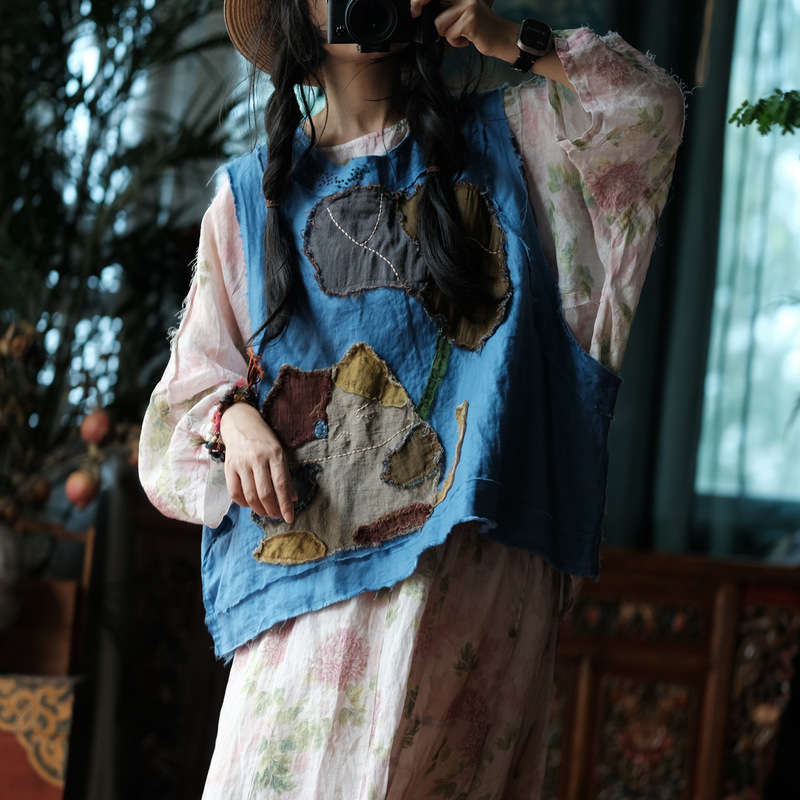 Luogu Mud Light Custom Vintage Artistic Wasteland Style Patchwork Vest New Chinese Style Waistcoat 2305 Blue
