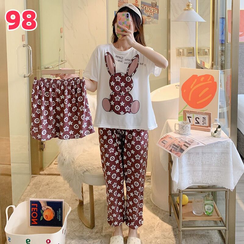 睡衣女夏季新款卡通三件套可爱简约休闲圆领家居服套装可外穿|undefined