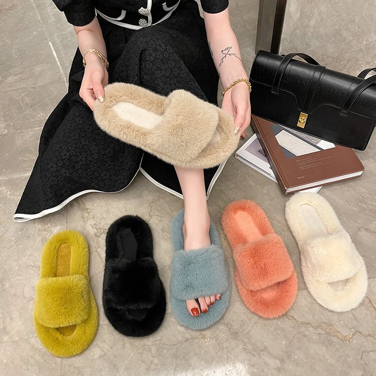European Station Furry Slippers for Women 2025 Autumn and Winter New Flats-Soled Comfortable Slippers Internet Celebrity Thick-Soled Outer Wear Cotton Slippers Trbottomy