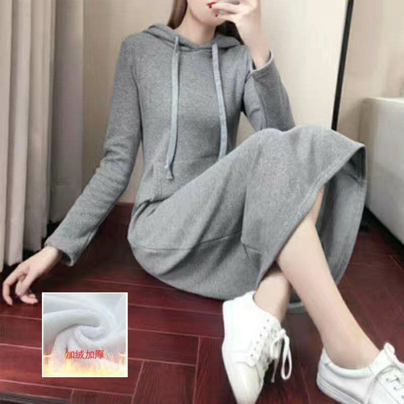 棉秋冬长款过膝卫衣裙女新款韩版宽松大码长袖加绒加厚连帽连衣裙|undefined