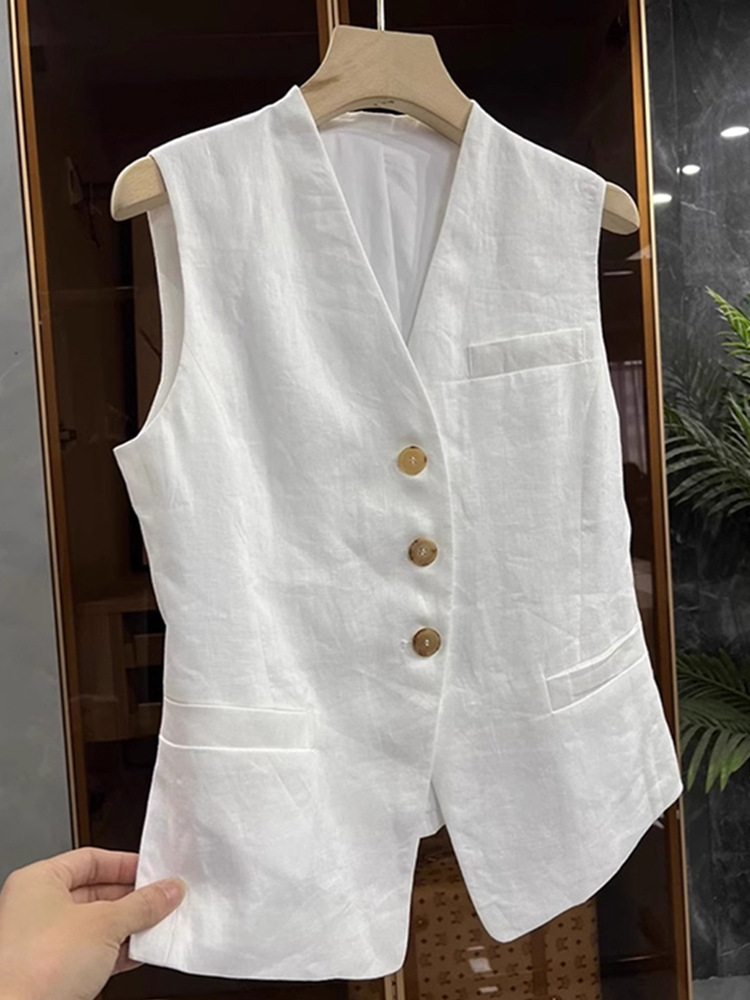 Linen Sleeveless Suit Vest Jacket for Women Spring and Summer Classy Retro Layered V-Neck Cotton and Linen Vest Vest Top Autumn