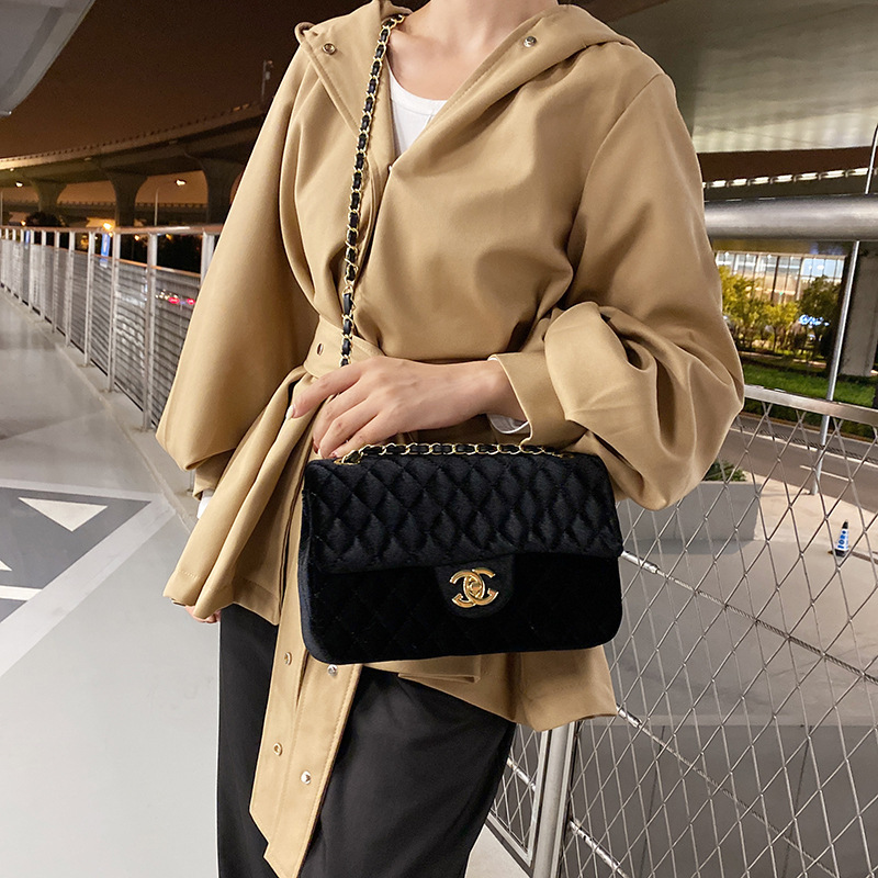 Xiaoxiangfeng ハイエンド菱形チェーンバッグ新しいゴールドベルベットファッション多用途ショルダーバッグ女性のクロスボディバッグ女性|undefined