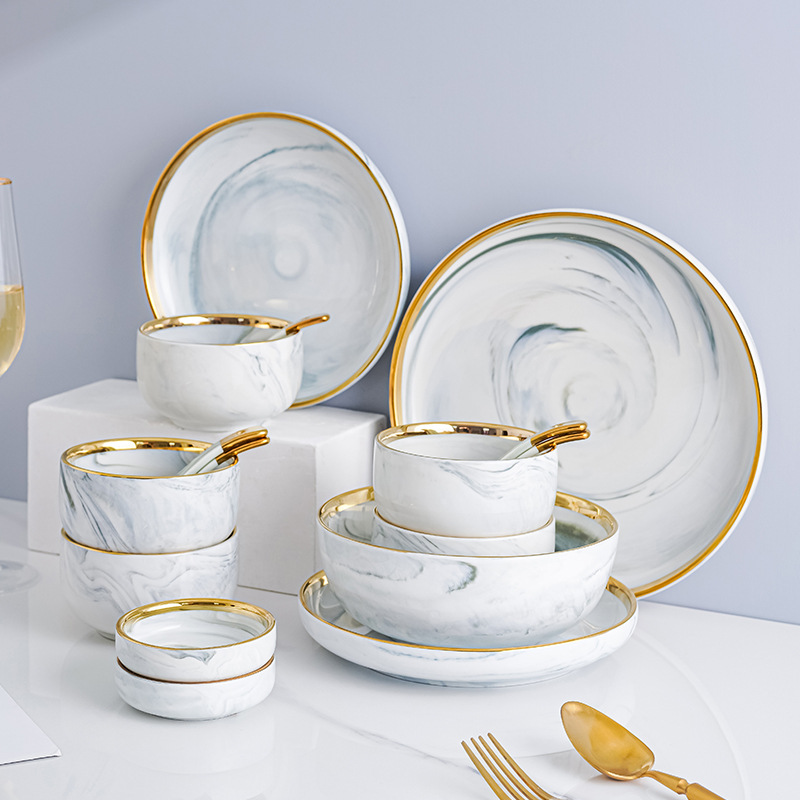 Nórdico creativo borde dorado mármol cerámica tazón vajilla traje hogar Luz de lujo Internet Celebrity Bowl placa combinación traje