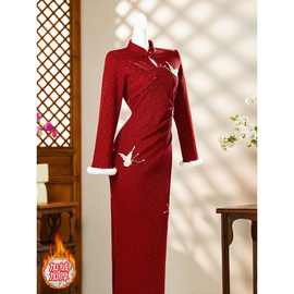 红色旗袍敬酒服新娘2025新款秋冬季长袖订婚礼服新中式连衣裙刺绣