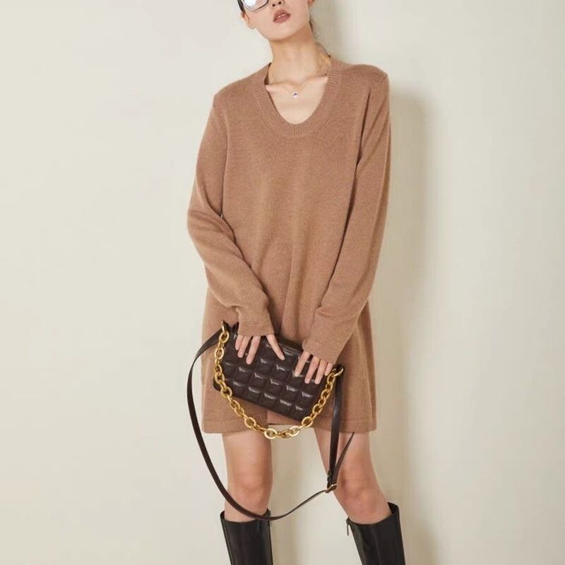 V0Z Spring and Autumn Cashmere Sweater Women's Mid-Length Sweater Scoop Round Neck Loose Wool Knitted Dress