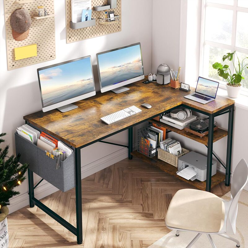 Small L-Shaped Computer Desk with a Flip-Up Storage Shelf and Side Pockets, Suitable for Use in the Bedroom or Study Room