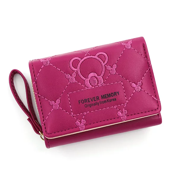 Korean version of cute bear embroidered ladies short zipper wallet clutch solid color simple coin purse card bag wholesale