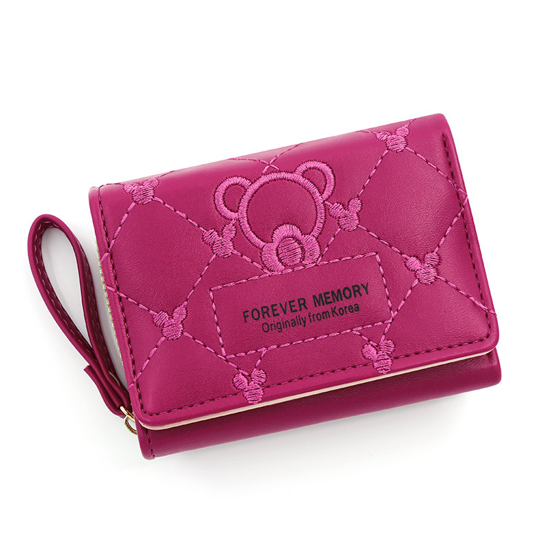Korean version of cute bear embroidered ladies short zipper wallet clutch solid color simple coin purse card bag wholesale